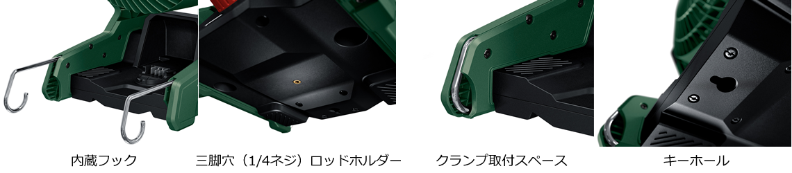 内蔵フック | 三脚穴（1/4ネジ）ロッドホルダー | クランプ取付スペース | キーホール