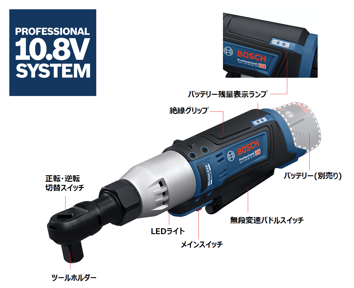 コードレスラチェットレンチ「GRC 10.8V-60 3/8SN（本体のみ）」の特徴